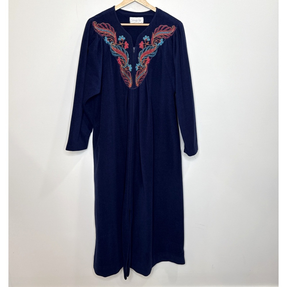 Vintage Vanity Fair Fleece Sleep Dress M Blue Housecoat Robe Zip Up Embroider US